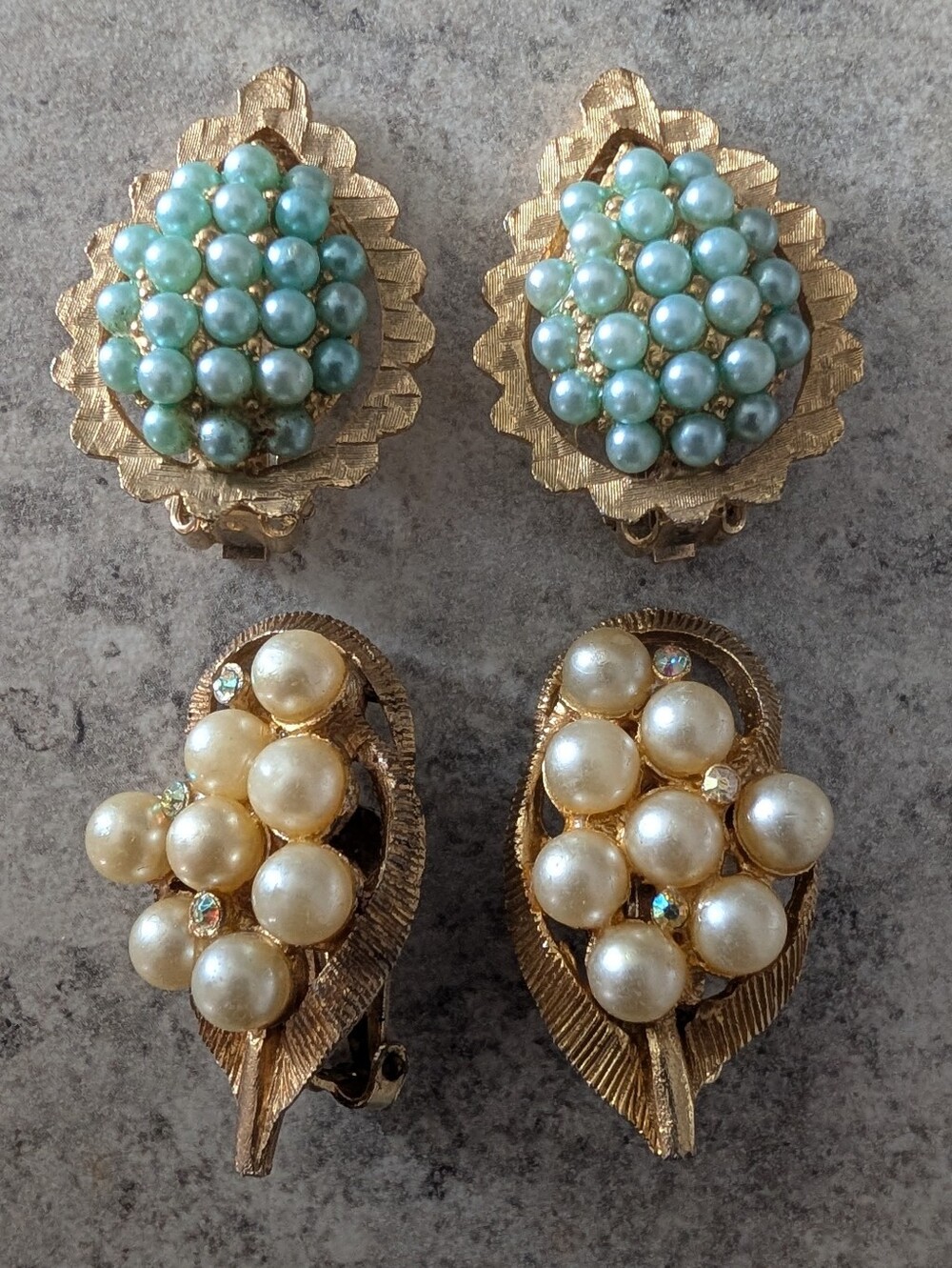 Vintage Gold Tone Faux Pearl Clip On Earring Set
